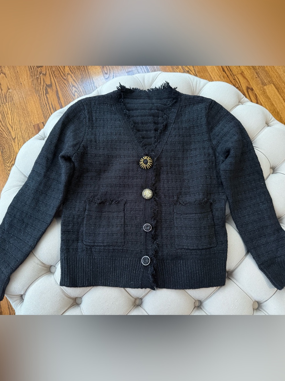 Black Tweed V-Neck Fringe Button Cardigan Sweater
